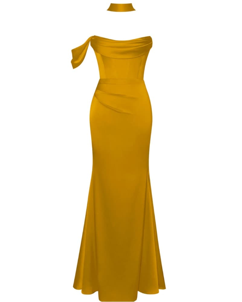 Gold Halter Neck Dutchess Gown - Image 1