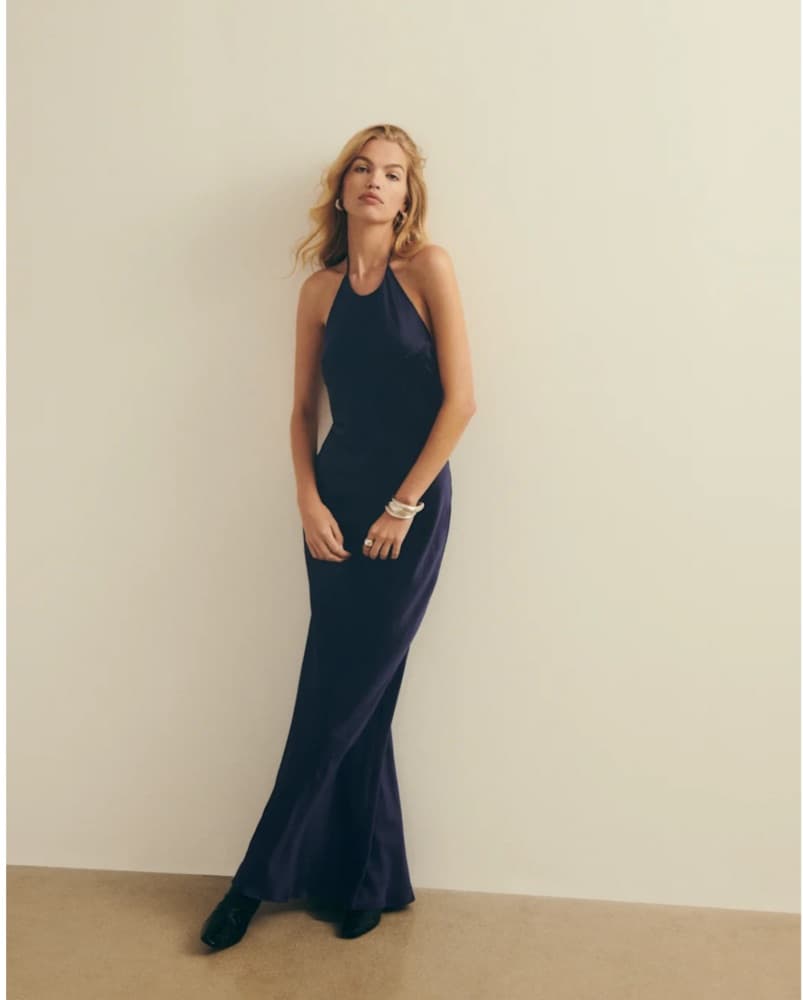 Backless Navy Satin Gown - Image 6
