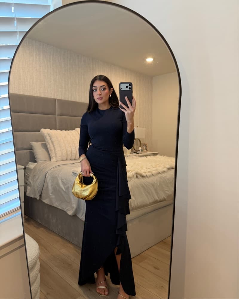 Club London Navy Dress & Meshki Gold Bag - Image 1