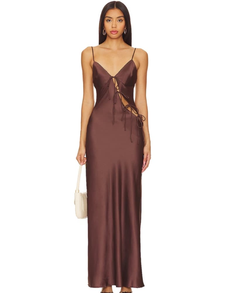Brown Tie Up Satin Maxi Dress - Image 1