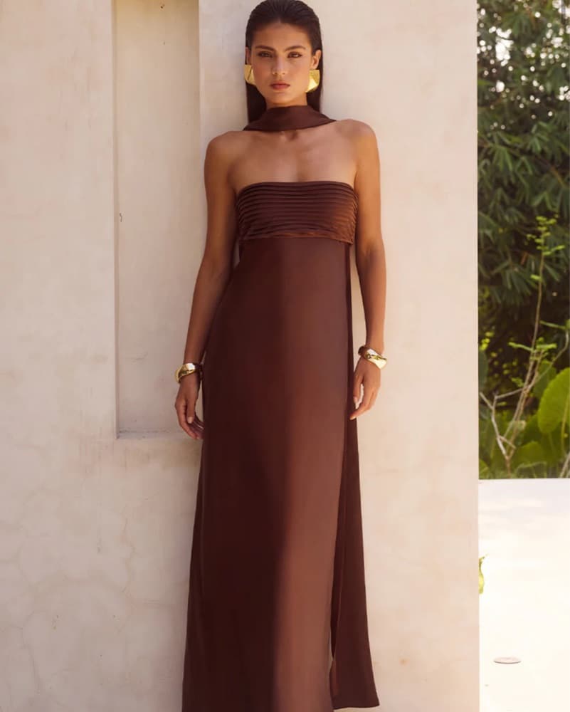 ELSA STRAPLESS SCARF MAXI DRESS - CHOCOL - Image 1