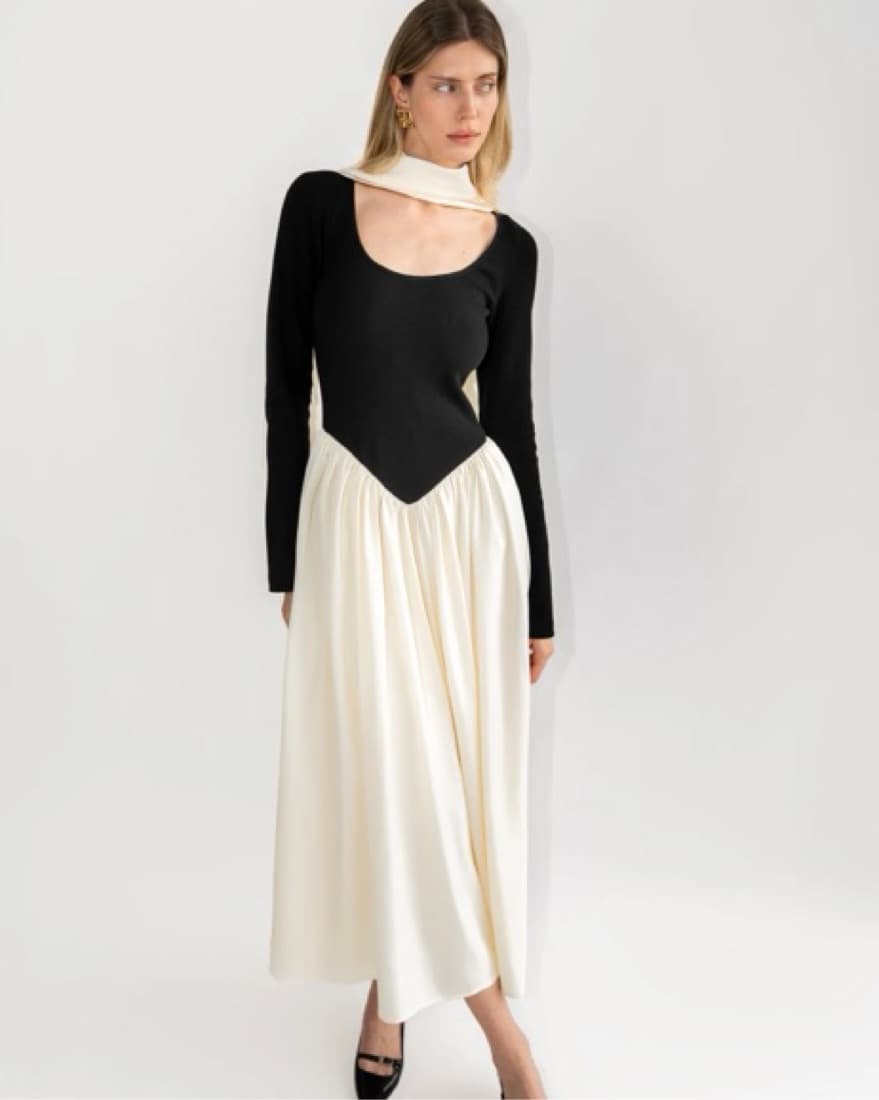 Elegant Drop Waist Midi Dress w Scarf - Image 1