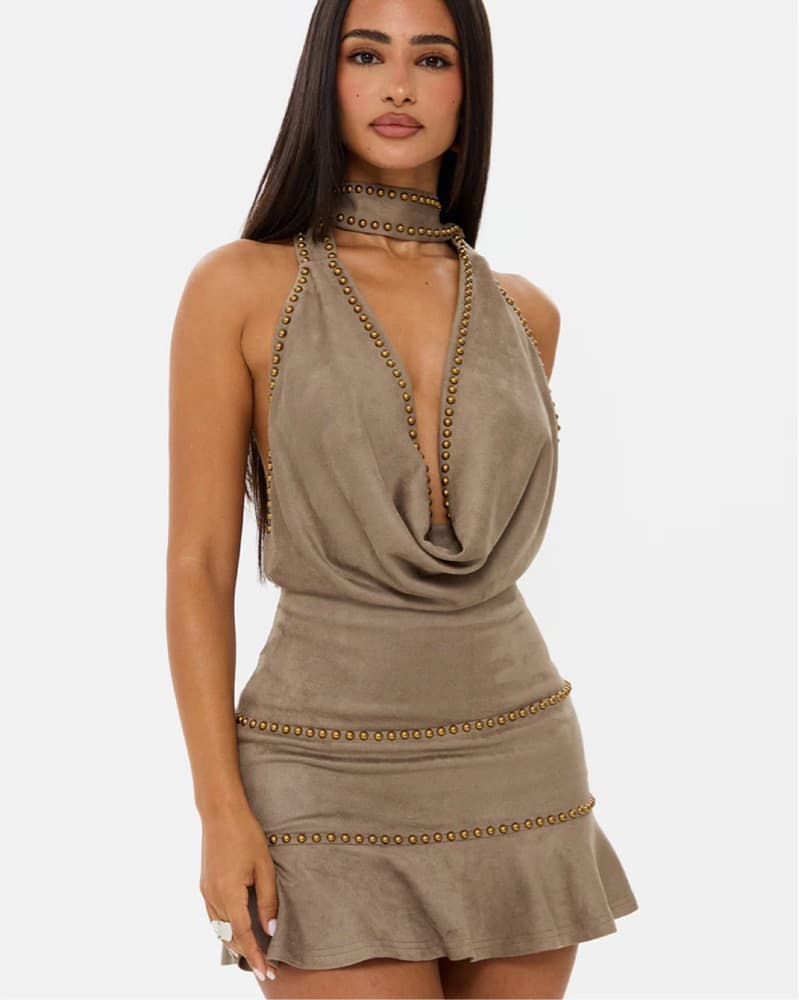 Suede Studded Mini Dress - Image 3