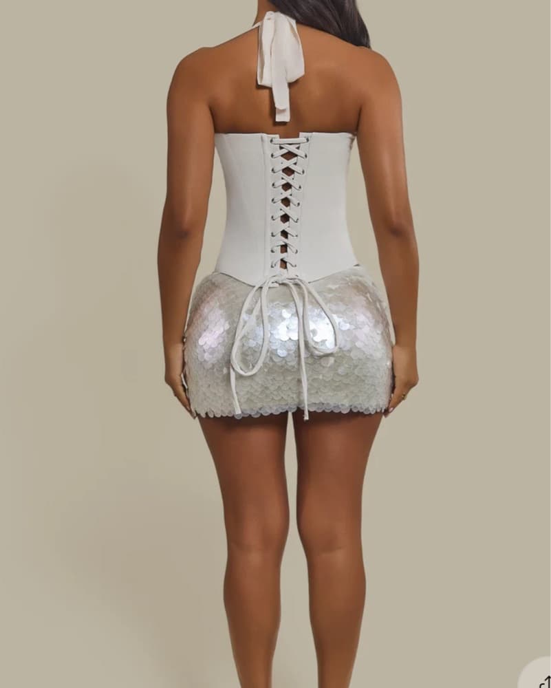 Cream Pearl Sequin Mini Skirt - Image 3
