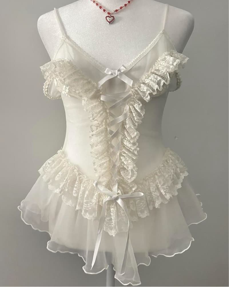 White Sheer Bow Lace Up Corset Cami - Image 1