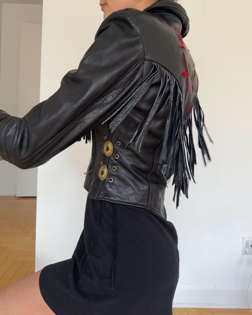 Rare Vintage Leather Jacket w/ Red Roses - Image 2