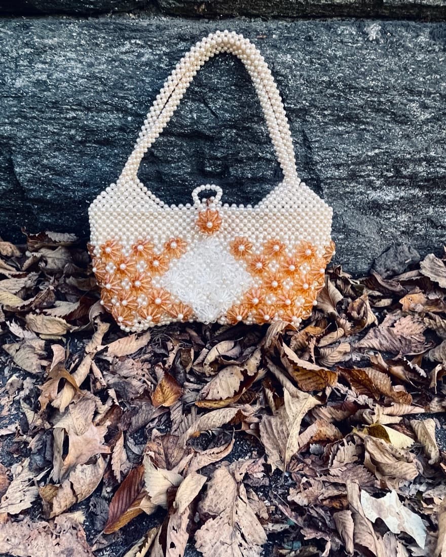 Vintage Orange Beaded Floral Purse - Image 1