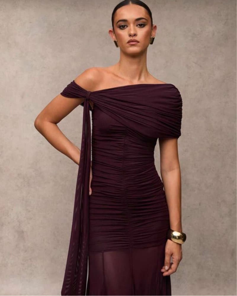 Burgundy One-Shoulder Ruched Maxi Dress - Image 3