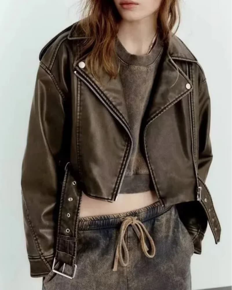 Zara Motto Biker Cropped Leather Jacket - Image 3