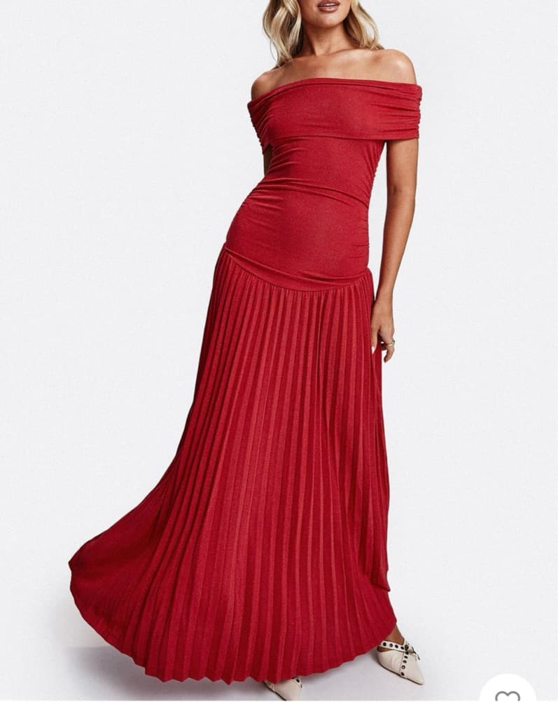 Red Off The Shoulder Drop Waist Dress - Image 1