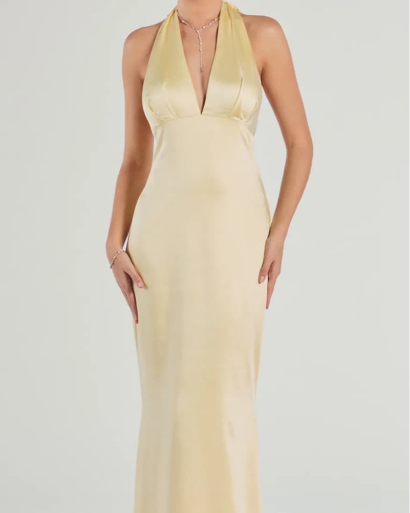 Yellow Satin Halter Maxi Dress - Image 2