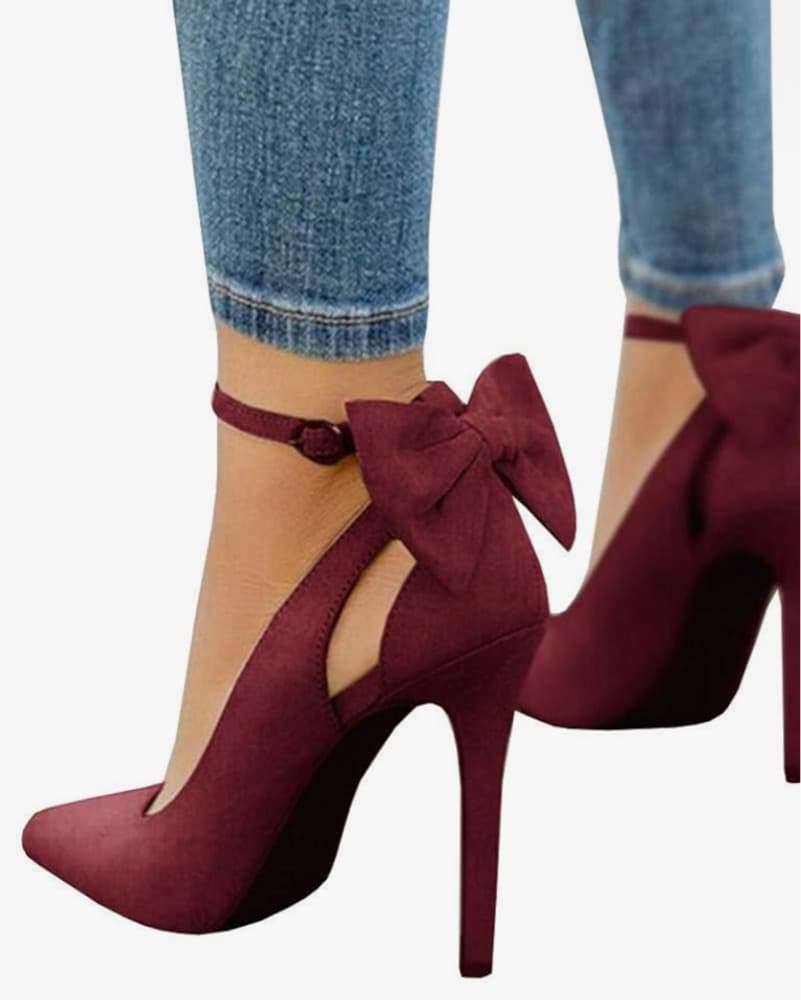 Burgundy Suede Bow Tie Pumps - Image 1