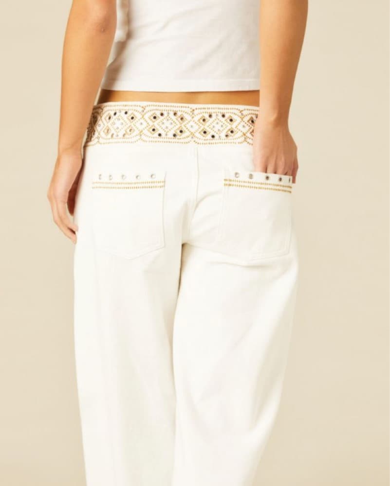 Cream Embellished Wide-Leg Jeans - Image 3