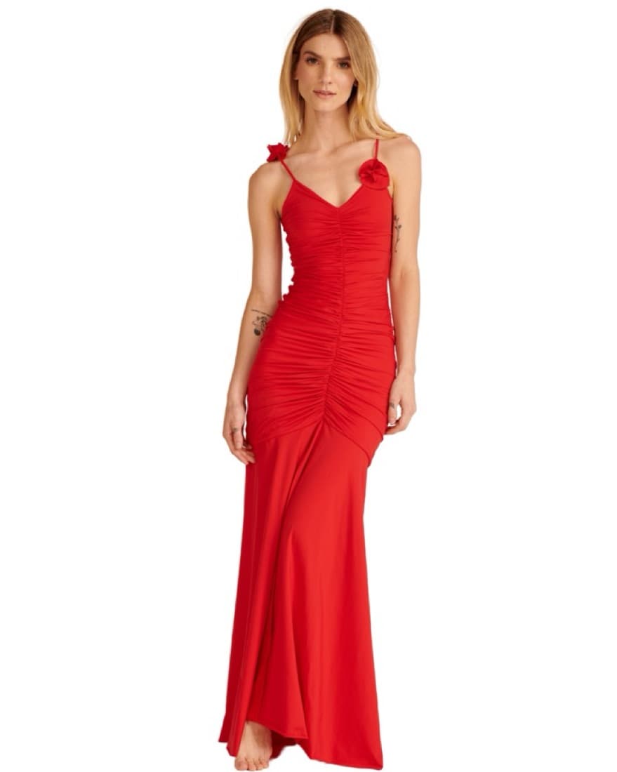 Maygel Coronel V-Neck Red Dress w/ Roses - Image 4