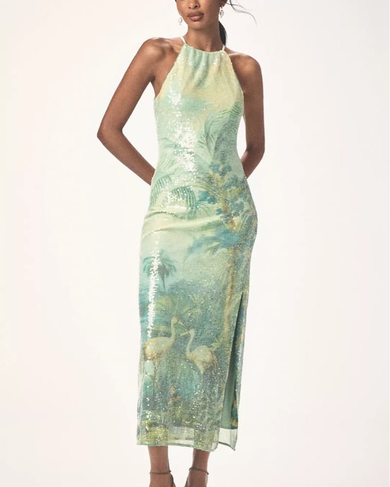 Anthropologie Green Sequined Midi Dress - Image 2