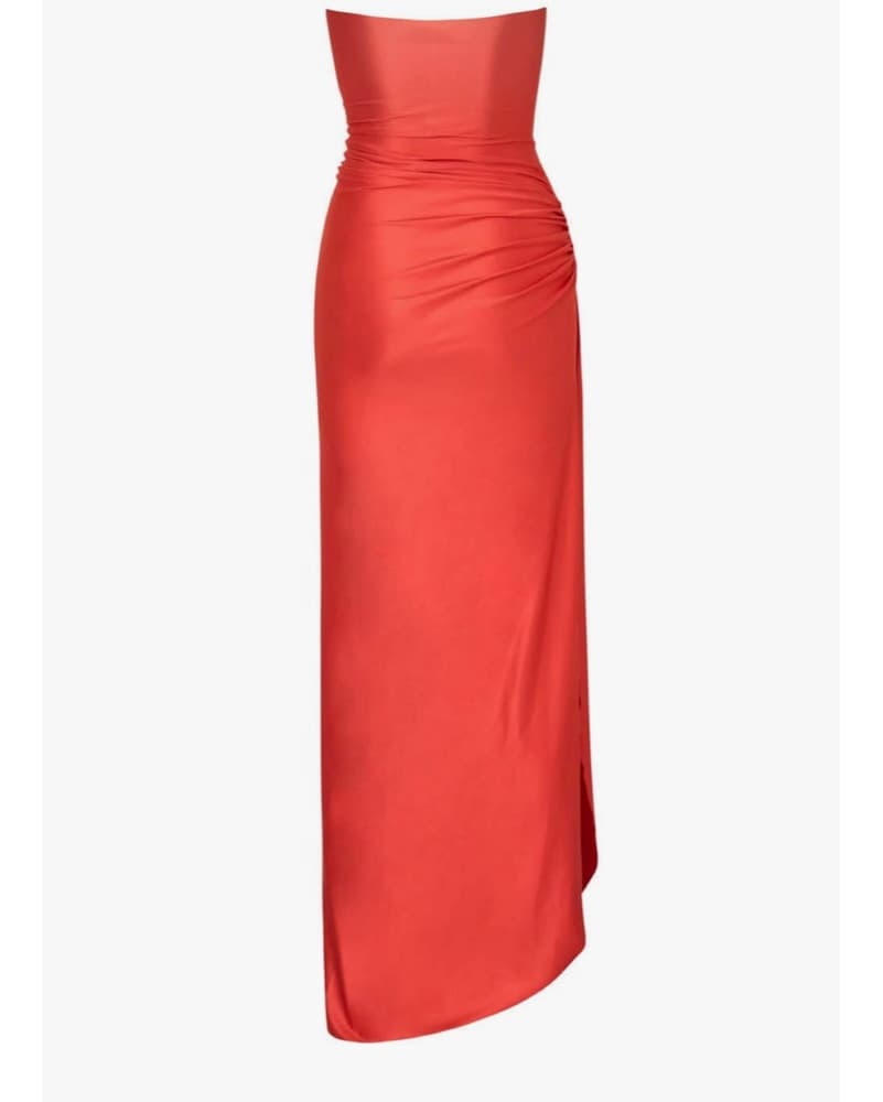 Red Ruched Cutout Strapless Maxi Dress - Image 4