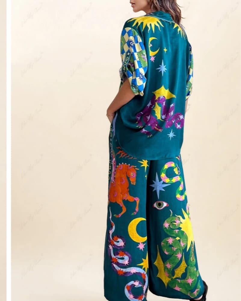 Silk Blue Patterned Jumpsuit Set  - Image 3