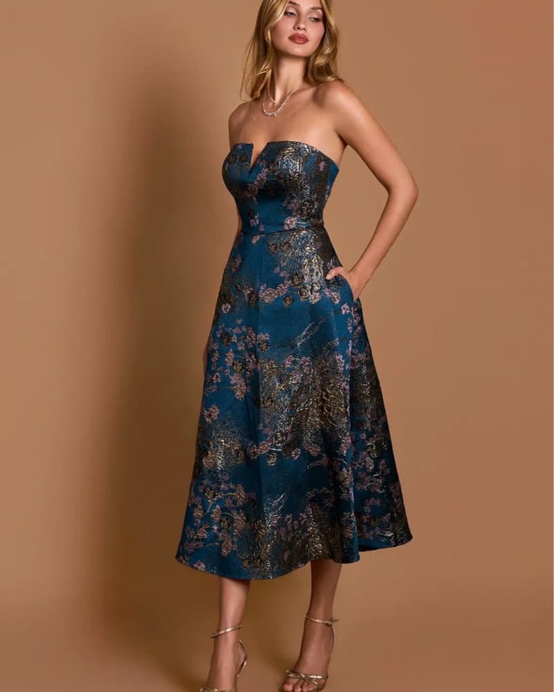 Azazie Marlie Teal Floral Midi Dress - Image 1