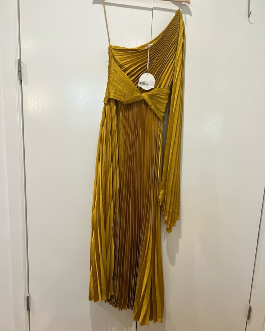 Yellow One Shoulder Pleated Gown - Image 3