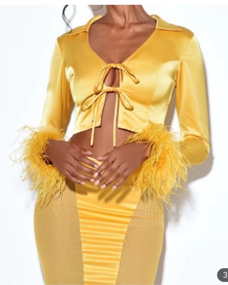 Melissa Yellow Feather Trim Satin Top &  - Image 1