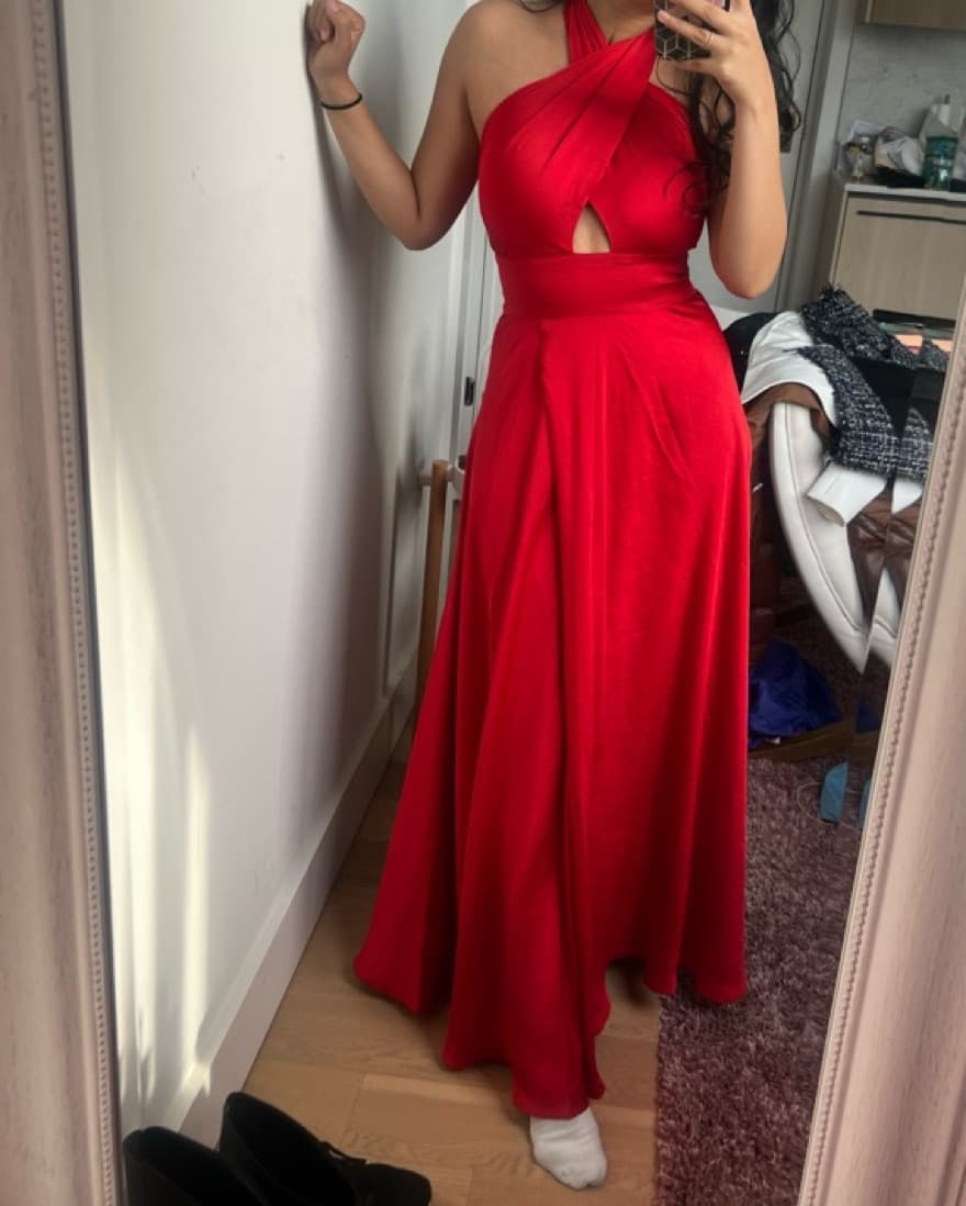 Designer Red Halter Silk Dress - Image 2