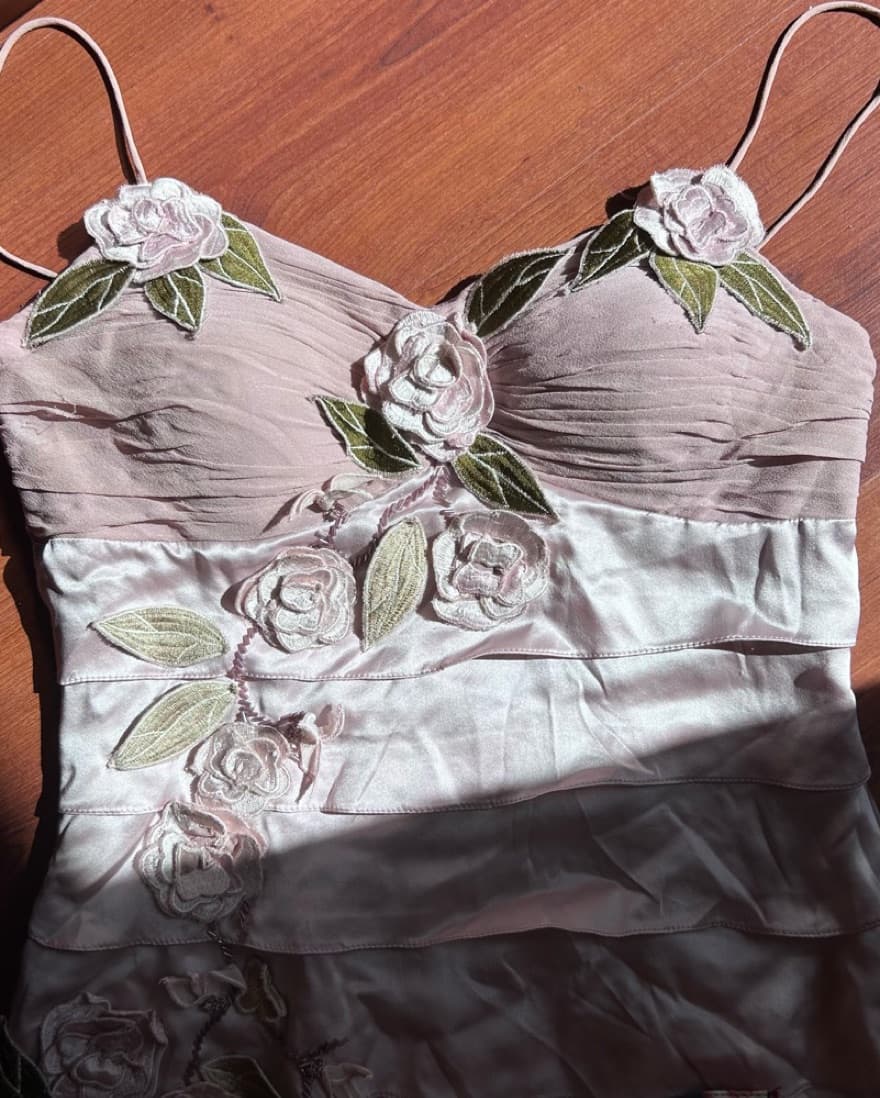 Vintage Silk Dress With Floral Appliques - Image 6