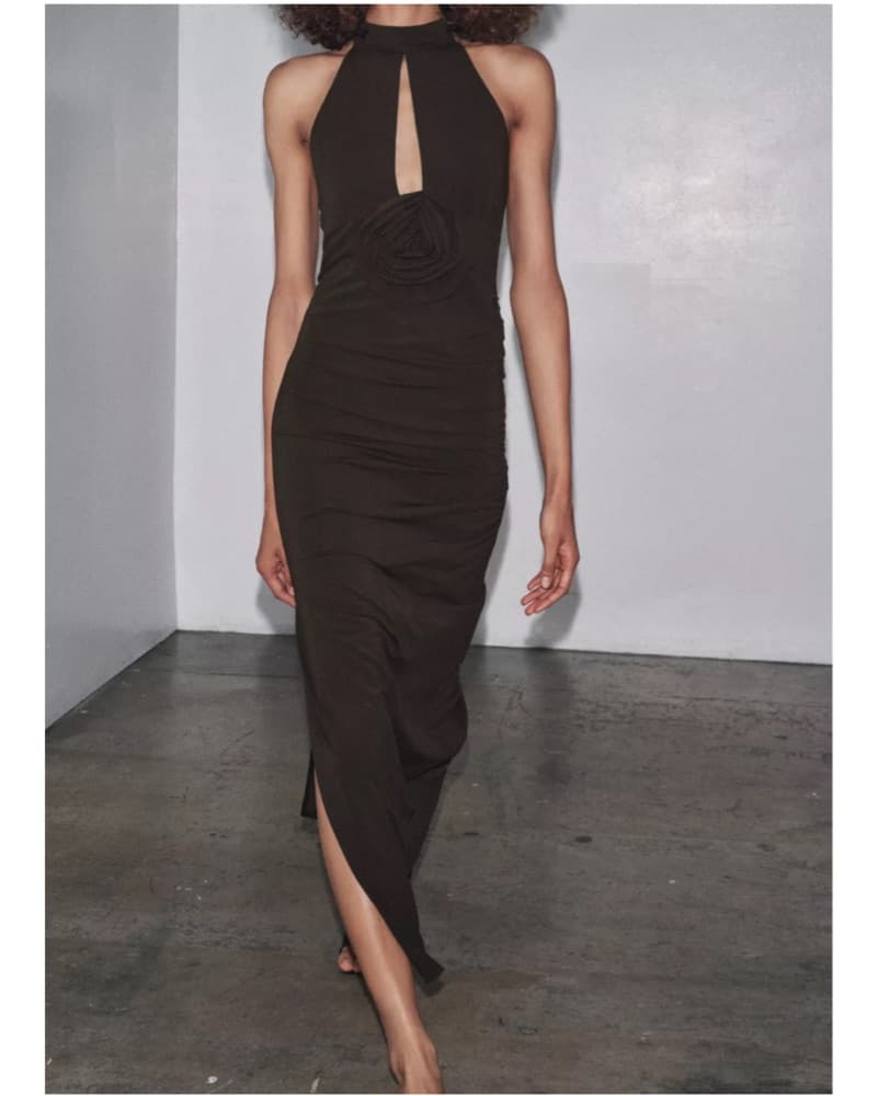Chocolate Brown Halter Dress With Flower - Image 1