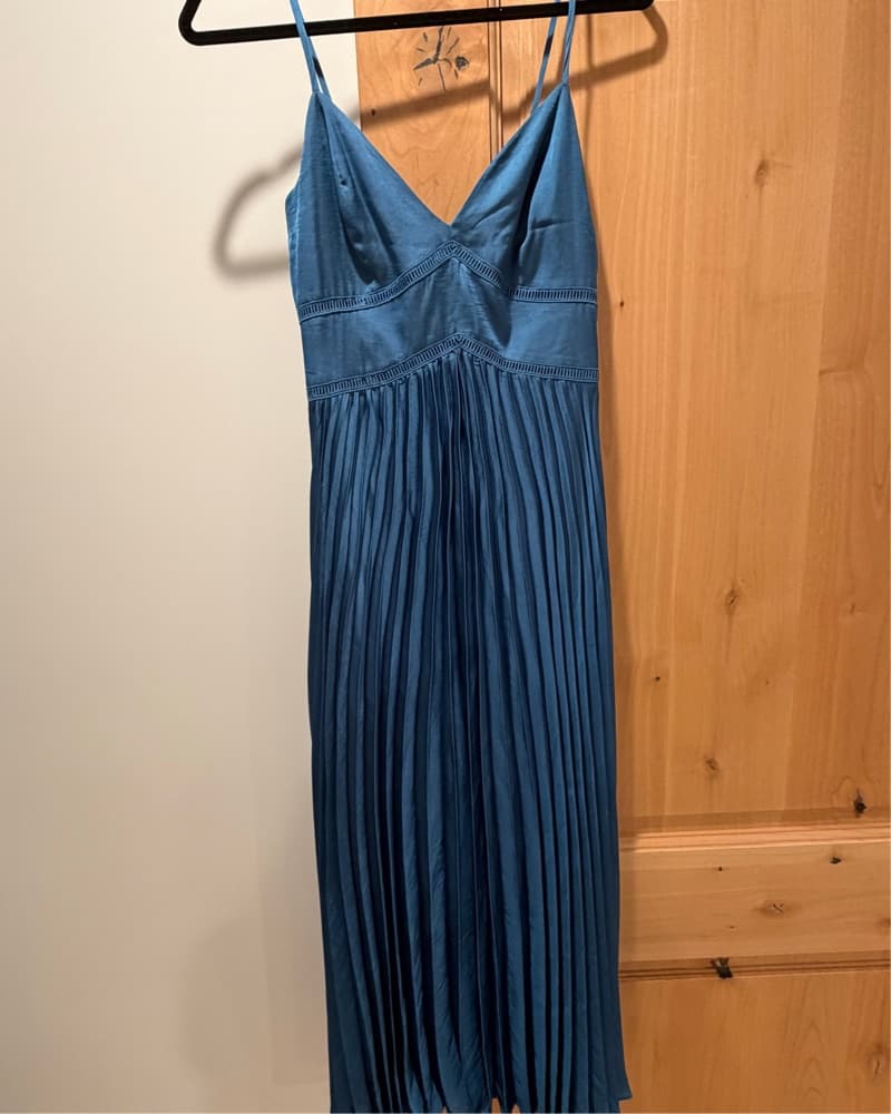 Bardot Blue Satin Pleated Dress - Image 2