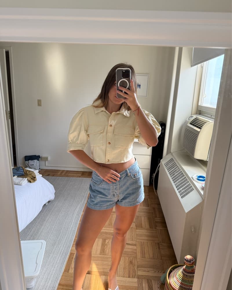 Cropped Puff Sleeve Denim Jacket - Image 1