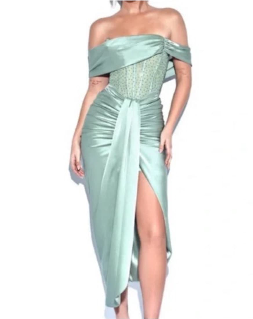 Off Shoulder Crystal Corset Satin Gown - Image 1