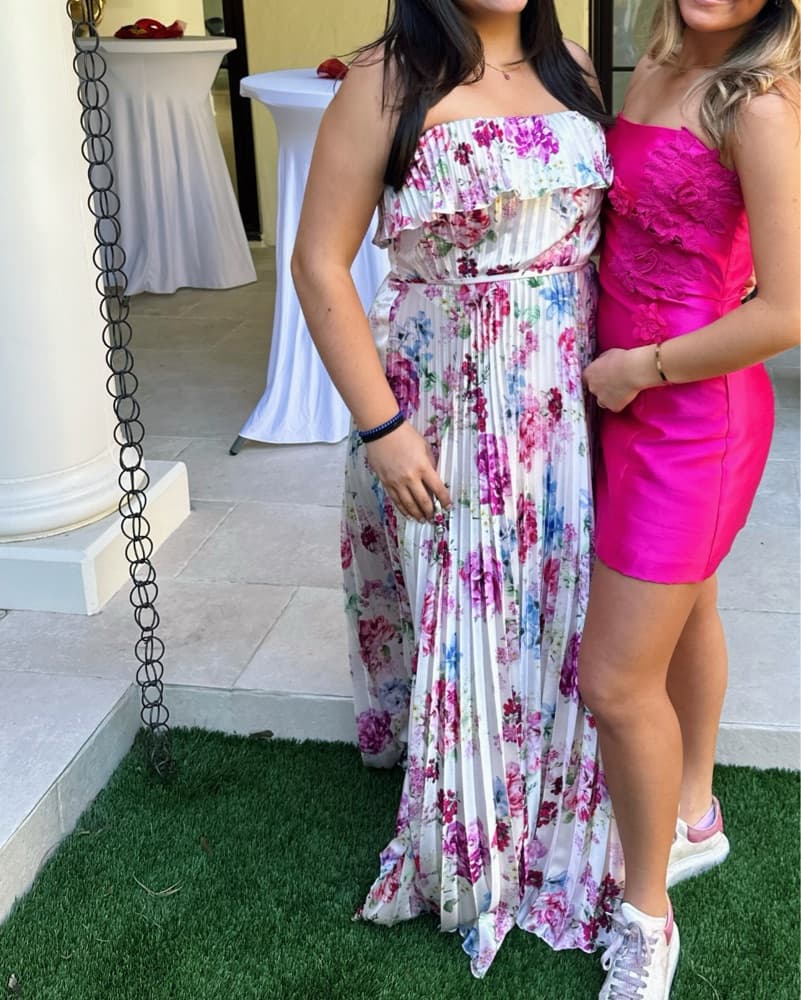 ML Floral Pleated Satin Strapless Gown - Image 2