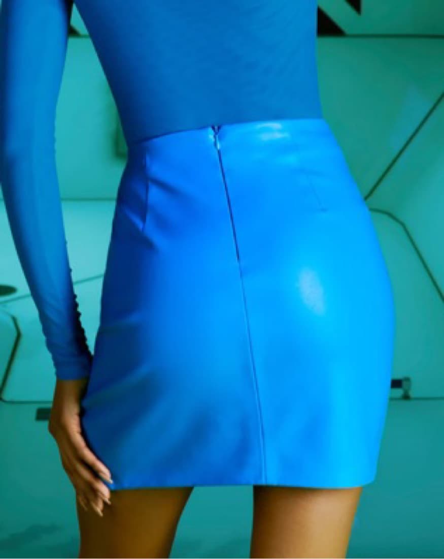 Blue Faux Leather Thigh Split Mini Skirt - Image 2