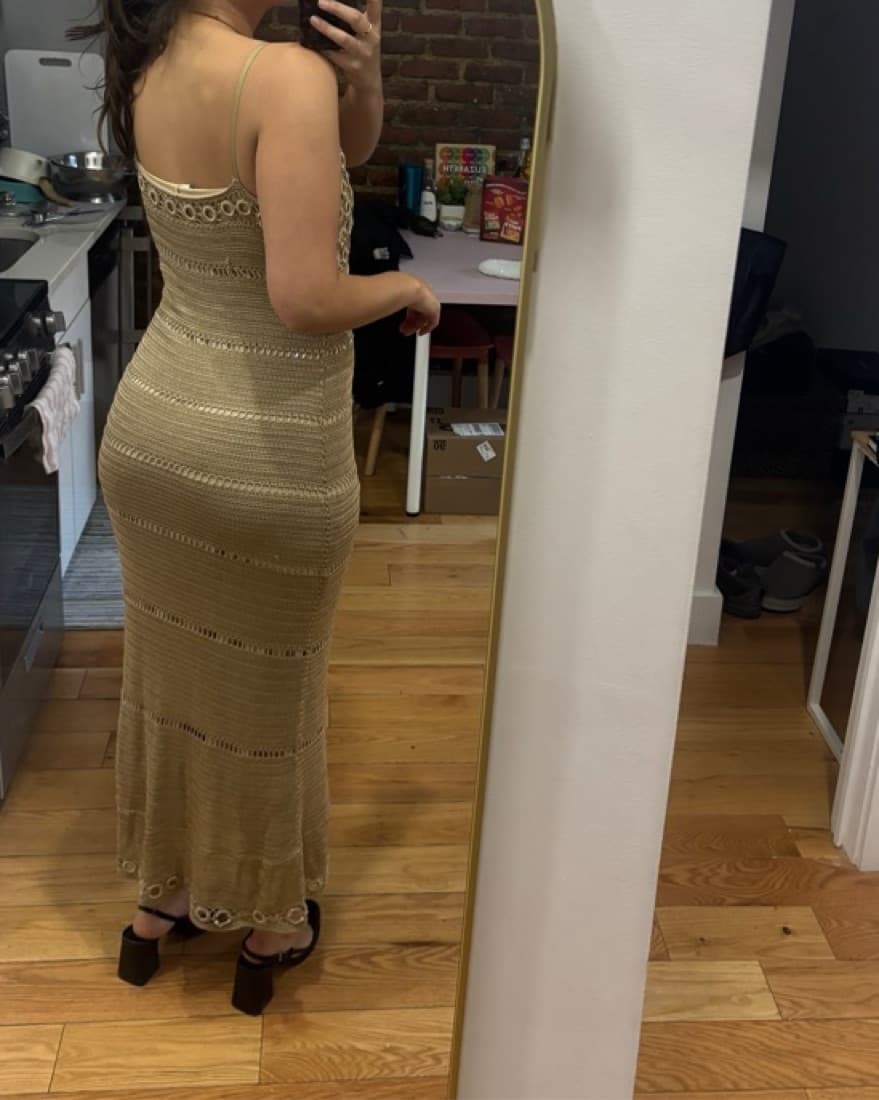 Elegant Beige Crochet/Beaded Maxi Dress - Image 2