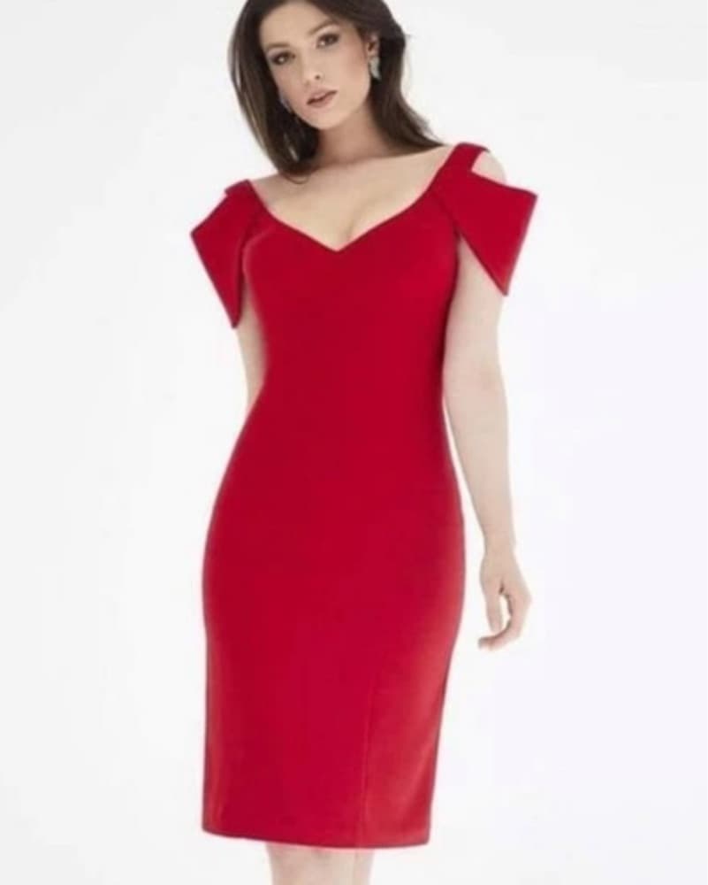 Red Satin Bodycon Midi Dress - Image 1