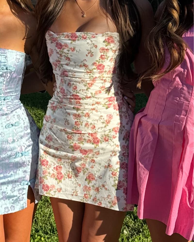 Floral Ruched Strapless Mini Dress - Image 3