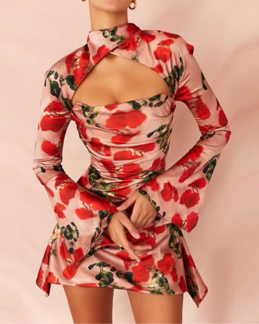 Rose Print Draped Corset Dress Small - Image 1
