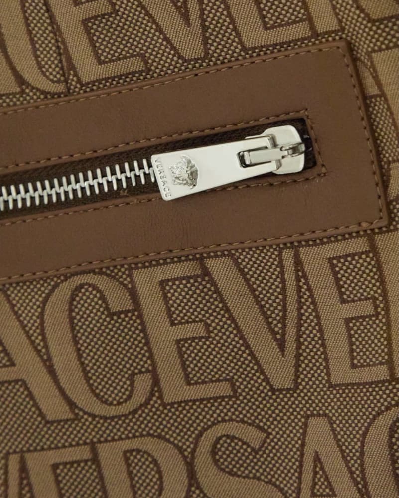 Versace Brown Neutral Leather Trimmed Logo Print Mini Skirt - Image 6