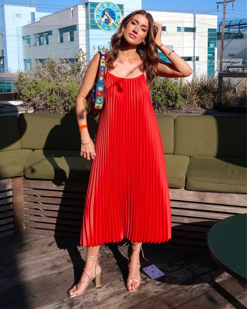 Red Satin Flowy Midi Pleated Dress - Image 1