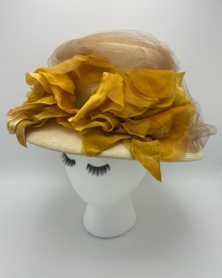 Vintage Staw Hat Golden Silk Tulle Halo - Image 1