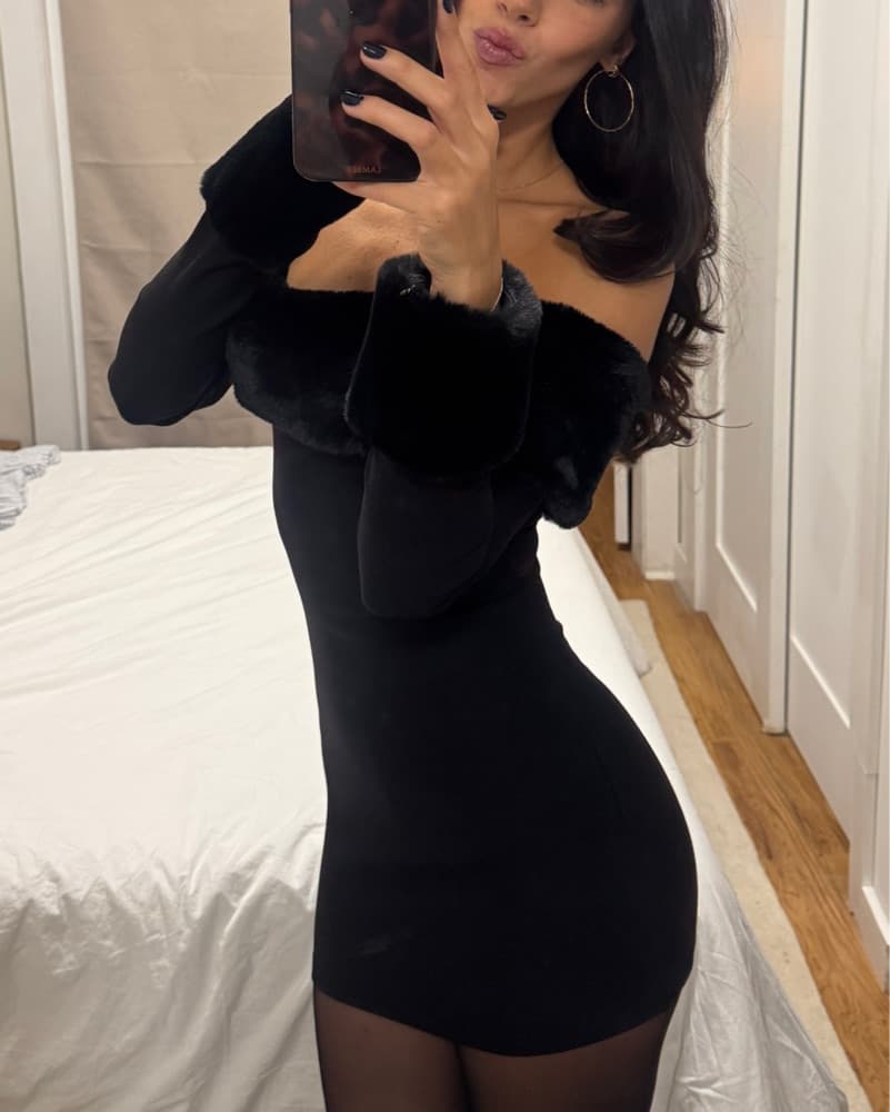 Revolve Black Off Shoulder Fur Dress - Image 2