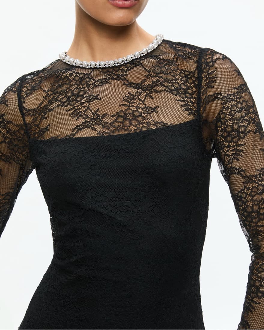 EMBELLISHED NECK LONG SLEEVE LACE MINI  - Image 6