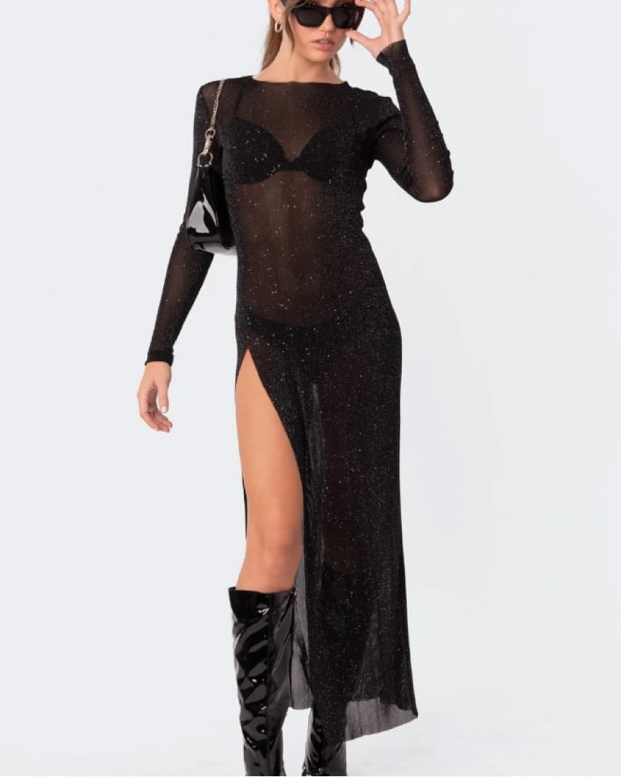 Edikted Black Glitter Mesh Maxi Dress - Image 1