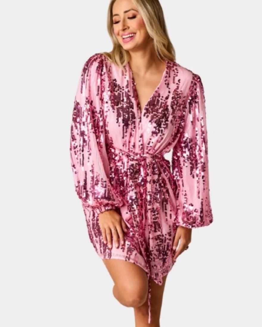 Pink Sequin Wrap Dress - Image 1