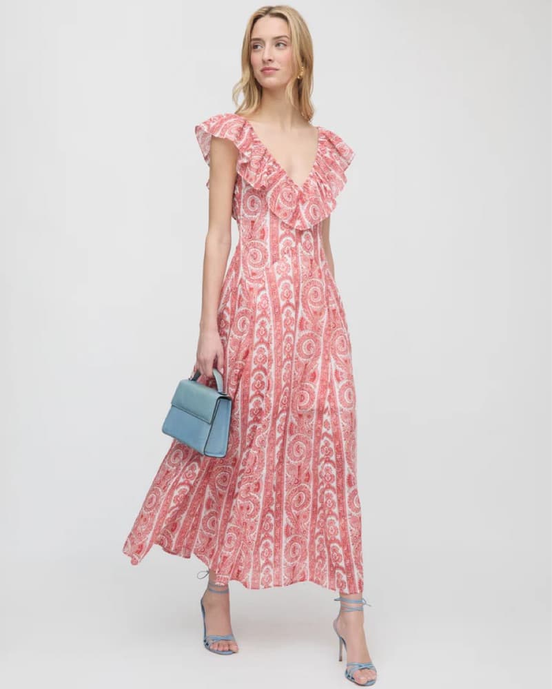 Pink Ruffle Paisley Midi Dress - Image 1