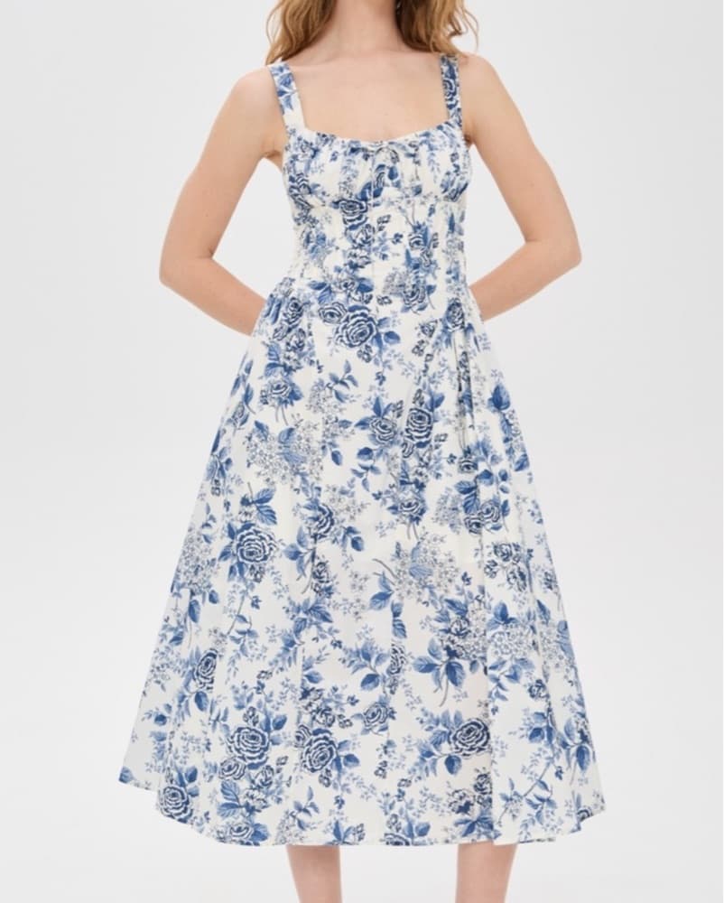 Blue and white floral milkmaid dress - Image 5