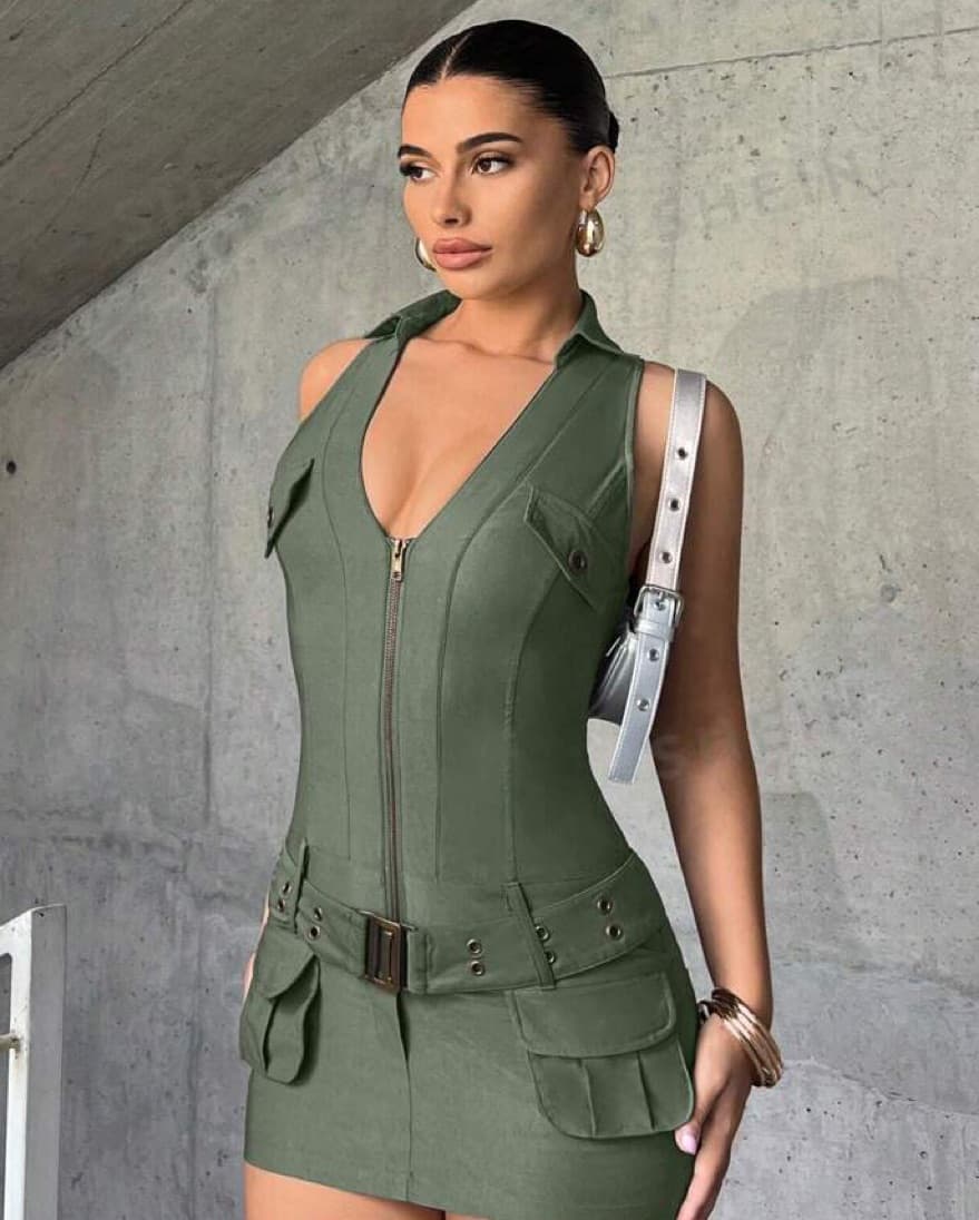 Military Zip Up Belted Bodycon - Image 2