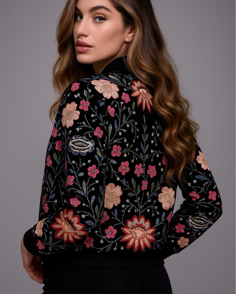 Stunning Floral Embroidered Bomber Jacket - Image 2