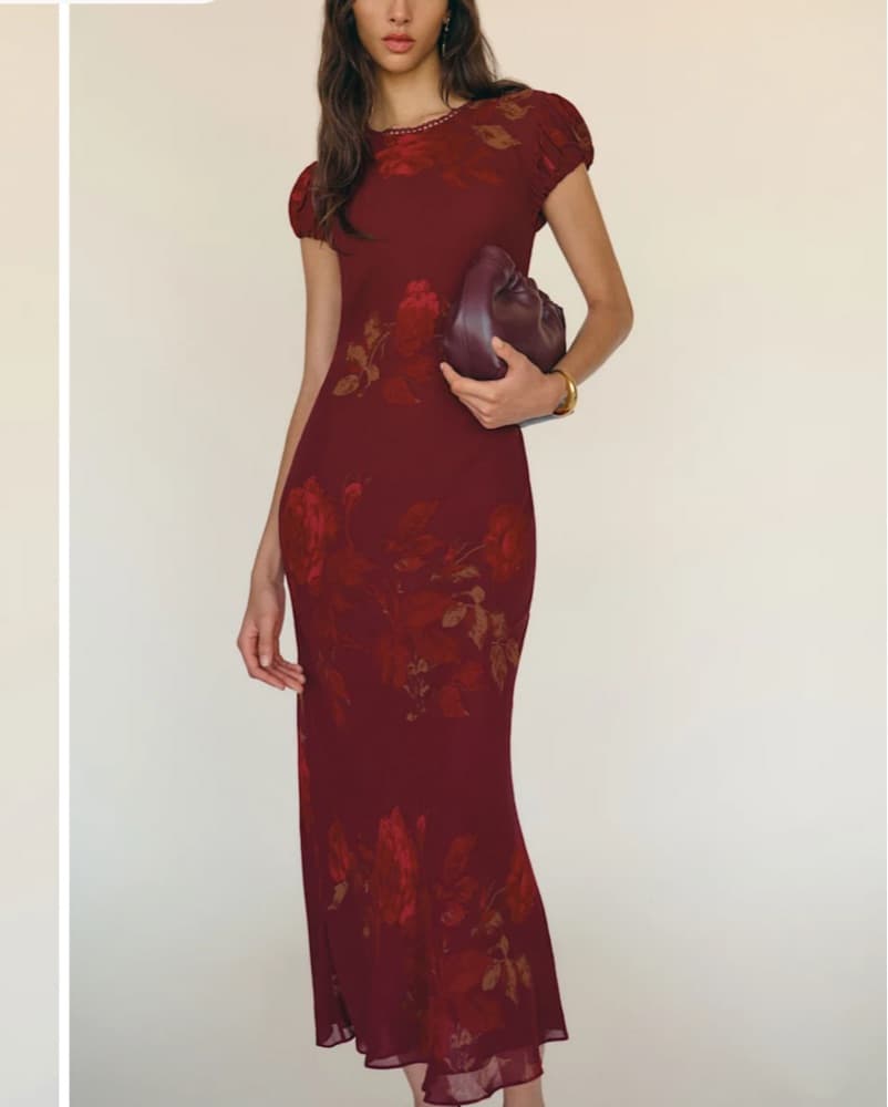 Reformation Burgundy Floral Midi Dress - Image 1