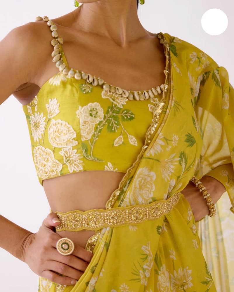 Yellow Floral Pre Draped Indian Saree - Image 5
