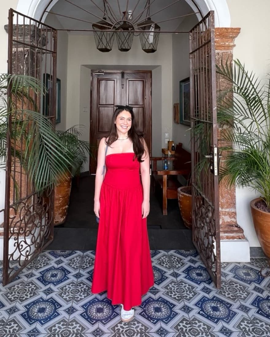 Red Strapless Drop Waist Maxi Dress Abercrombie cotton poplin  - Image 3